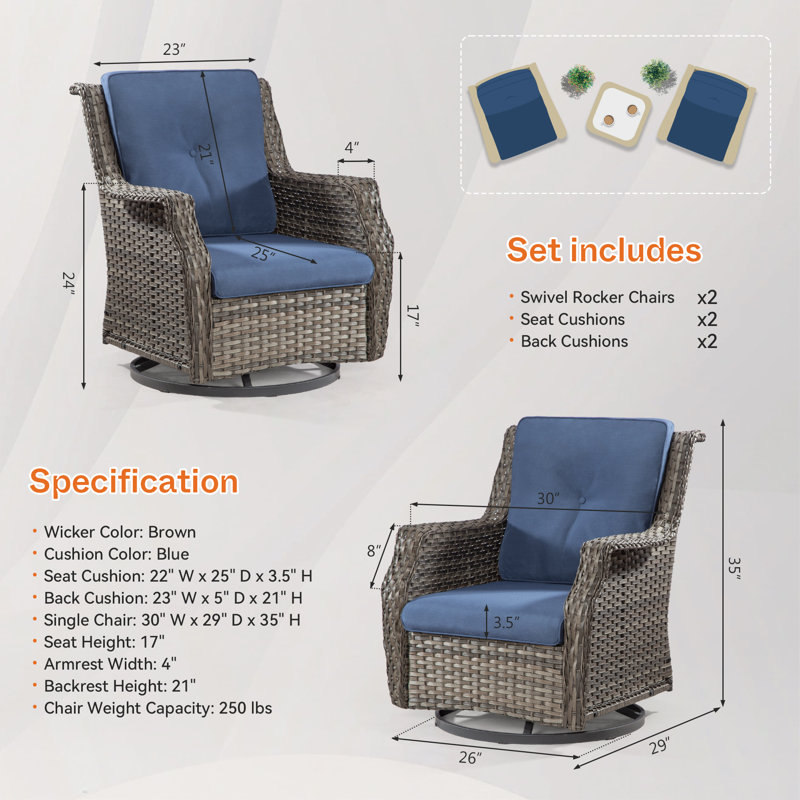 Chaise de patio pivotante avec coussins Merryman, Bleu