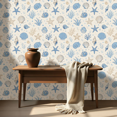 Peel and Stick Wallpaper Contact Paper Sea bottom seamless Summer beach hand drawn seaside print Undersea Self Adhesive and Removable 24in x 118in(60x300cm)