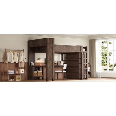 Wooden Queen Loft Bed with Wardrobe and Desk, Headboard with Storage and USB, Brown