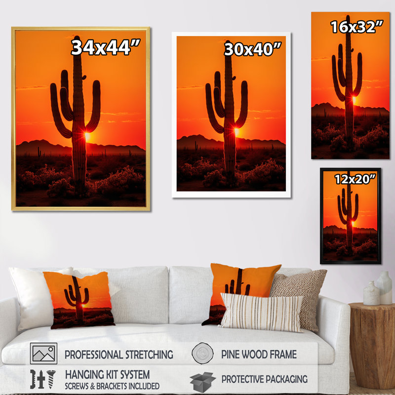 Lochview, orange, noir, cactus, désert, coucher de soleil, Saguaro - Cactus, art mural, Cadre simple noir