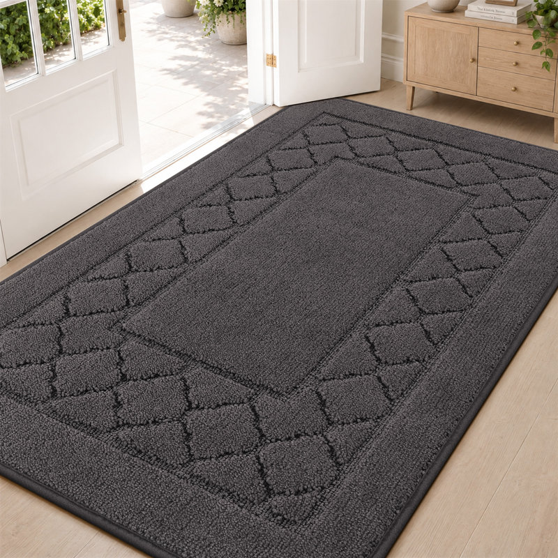 Tapis d'entrée géométrique lavable avec envers antidérapant, Gris foncé, L 36 po x L 60 po