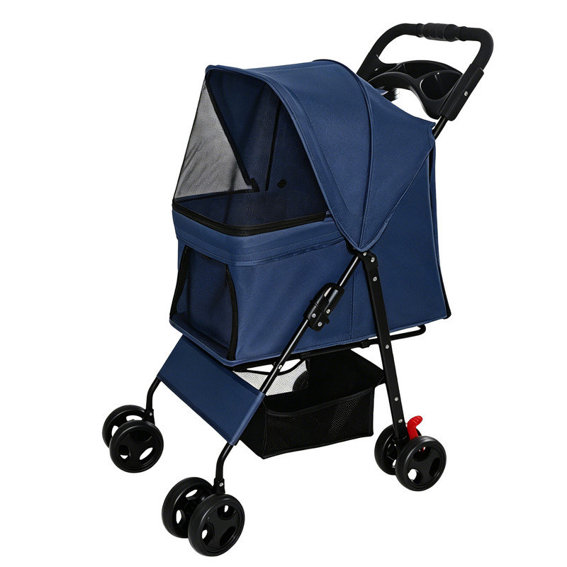 Poussette pliable 4 roues pour petits chiens et chats de moins de 28 lb avec plateau multifonctionnel, Bleu