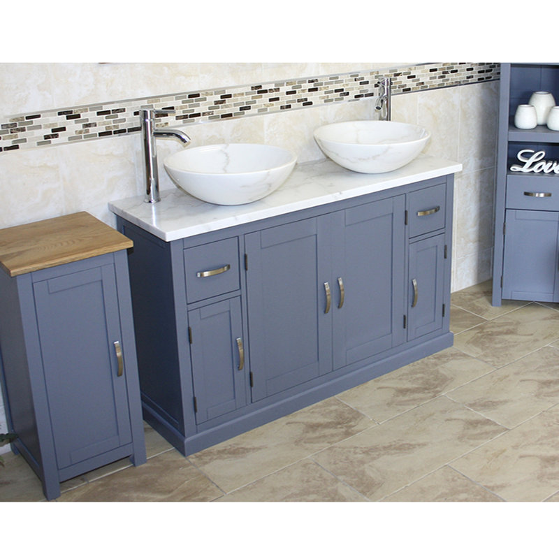 Maui 1230mm Double Bathroom Vanity with Vessel Stone Basin, White Marble, White