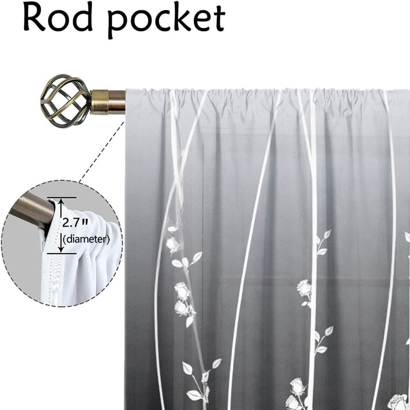 2Pcs Ombre Curtains, Rose Floral Pattern Rod Pocket Window Drapes, Light Filtering Gradient Treatments for Living Room Bedroom Kitchen, Privacy Enhancing Panels, Elegant Home Decor