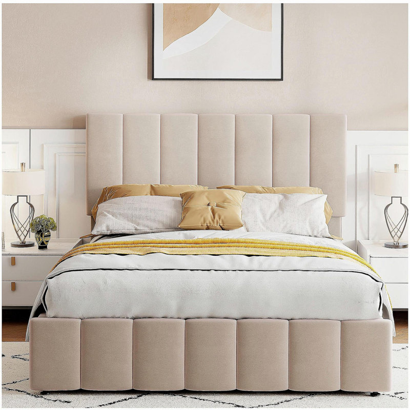 Lit avec système de rangement hydraulique, Beige, Lit double