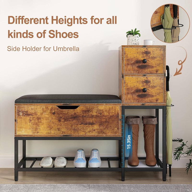 39" Coat Rack Shoe Bench Set With Flip Top Box And 2 Drawers,Yacchi Home Entryway Bench With Shoe Storage,7 In 1 Entryway Bench With Coat Rack, Storage Bench With 7 Coat Hooks& 2 Umbrella -Rustic Wood
