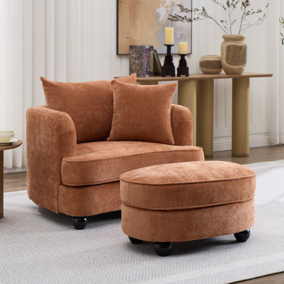 Oversized Verona With Ottoman, Wide Chaise Lounge Chair Indoor, Modern Armchair With Pillow, Chenille Comfy Chairs For Bedroom, Living Room