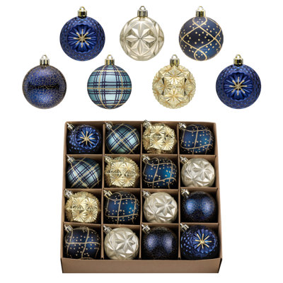  Ornements pour arbres de Noël, décorations d'arbre de Noël incassables de 2,36 pouces bleues et dorées 16ct, boules suspendues de luxe pour décorations de fêtes de Noël