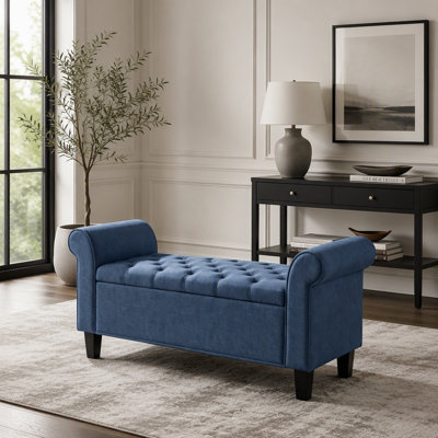 Banc de rangement en panneau de particules 46 po en lin bleu 46 po avec dossier roulé, pieds en bois massif noir pour le vestibule de la chambre à coucher du salon