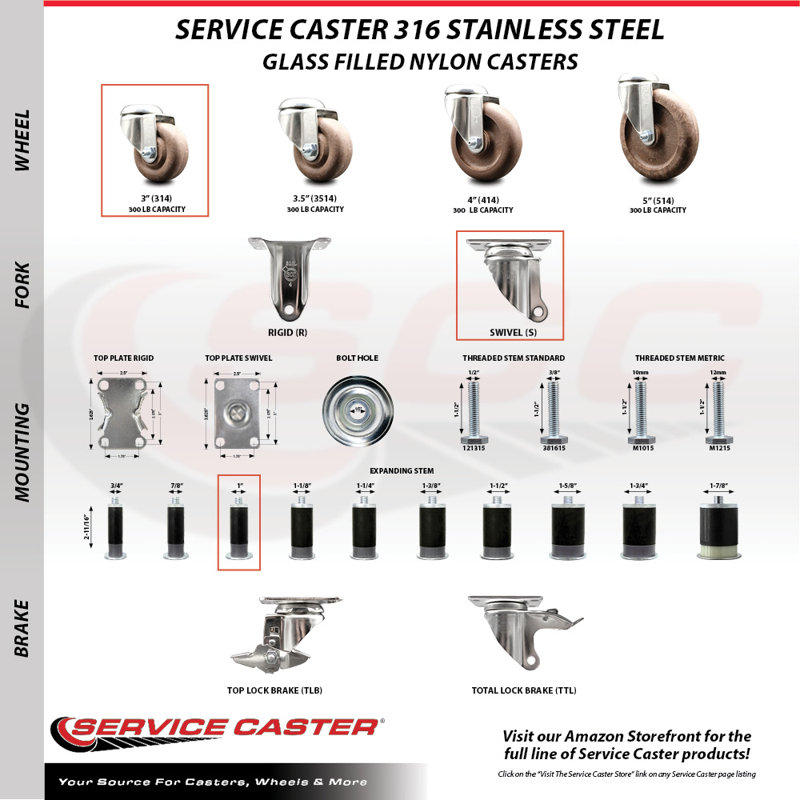 Stem Caster, 3" H x 3" W