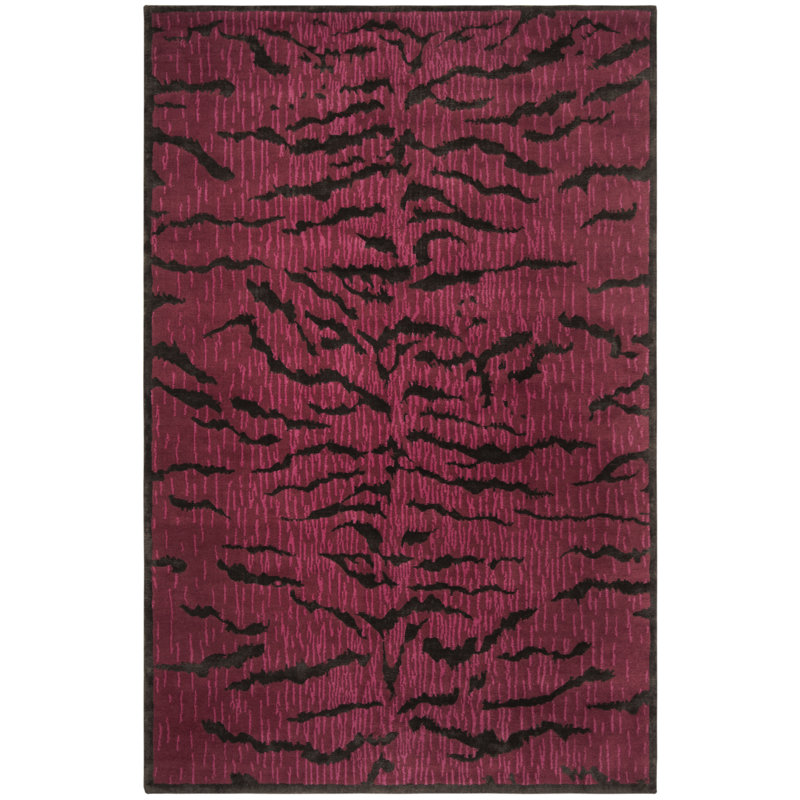 Hand-Knotted Raspberry and Coffee Wool Silk Rug, 6' x 9'