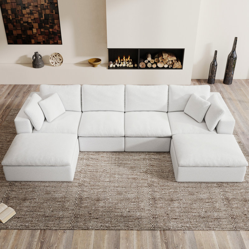 137" U-shaped Sectional Couch, Compression Sofa, White Chenille, White Chenille