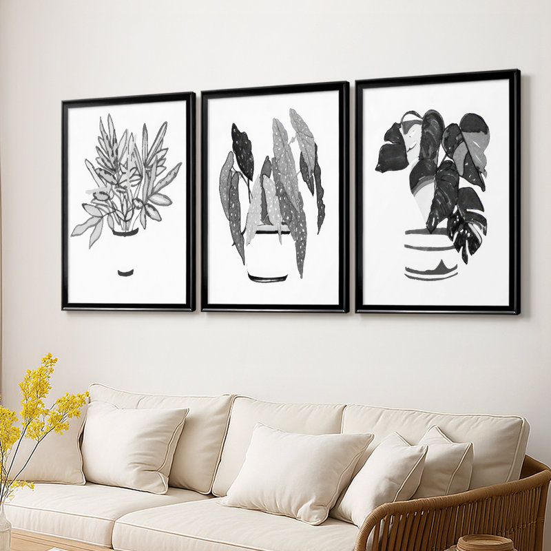 B&W Plante d'intérieur IV - Toile sur châssis tendue avec châssis encadré - 3 pièces, H 27 po x l 39 po, Noir