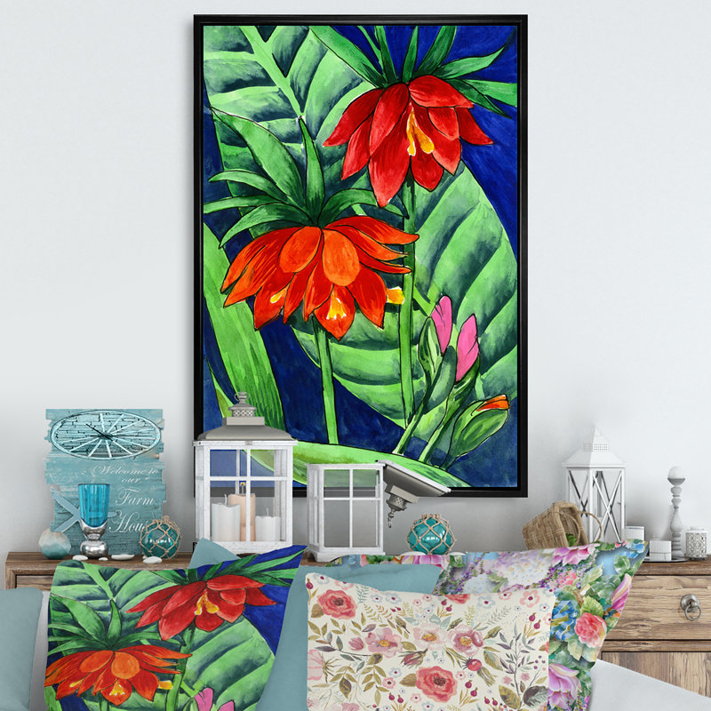 Aquarelle de fleurs rouges tropicales - peinture, H 36 po x l 24 po, Cadre flottant noir