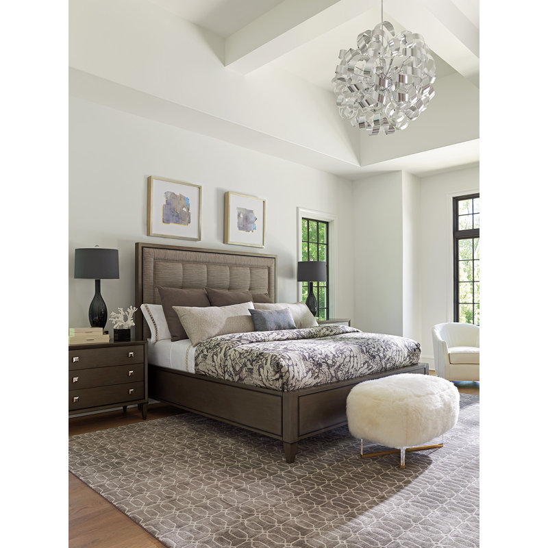 Transitional King Upholstered Bed with Tufted Gray Headboard and Storage Drawer