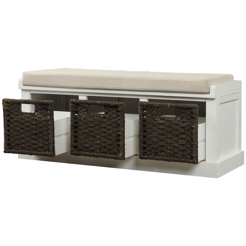 Banc de rangement rustique avec 3 paniers en rotin classiques amovibles, Blanc