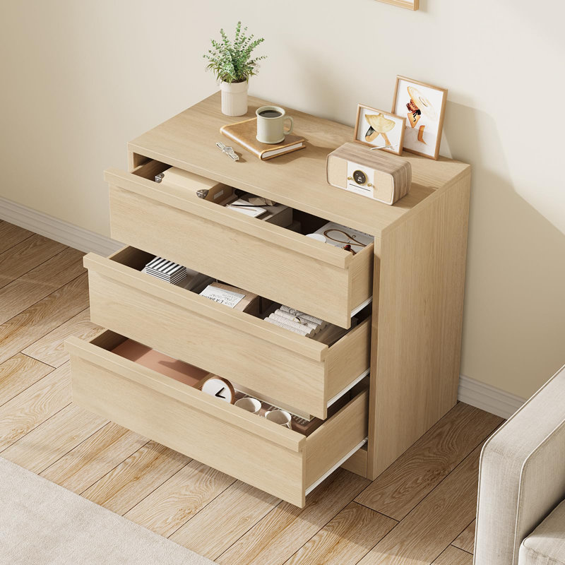 Commode 3 tiroirs, petite commode moderne avec rangement pour chambre ou salon, Naturel