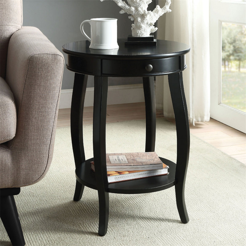 Table d'appoint à plateau rond avec rangement ouvert à 1 tiroir seulement, sans chaises.
