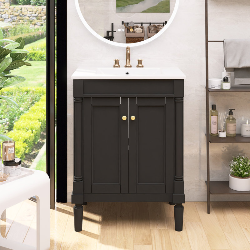 Meuble-lavabo de style rétro avec porte à fermeture en douceur et lavabo en céramique, Black