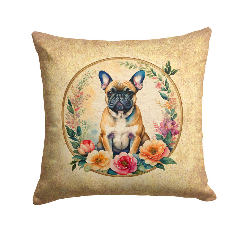 Coussin décoratif fauve bouledogue français et fleurs, H 14 po x l 14 po x P 3 po