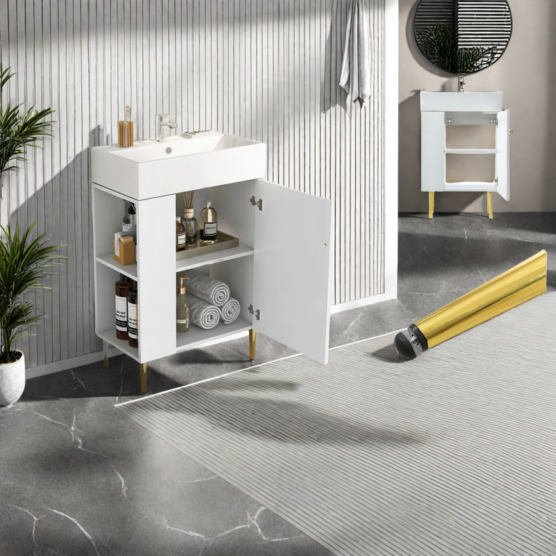 Meuble-lavabo moderne blanc avec lavabo en céramique, solution de rangement compacte