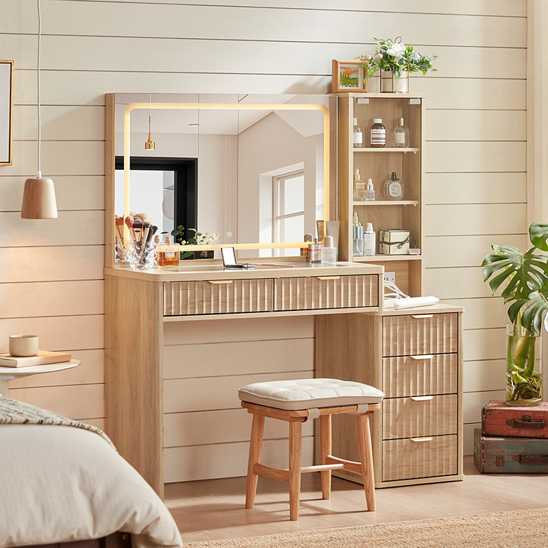 Vanity Desk With Mirror And Lights Set, 43.5'' Fluted Makeup Vanity With 6 Drawers And Adjustable Shelves,Wood Make Up Vanity Dressing Table With Glass Top And Power Outlet For Bedroom