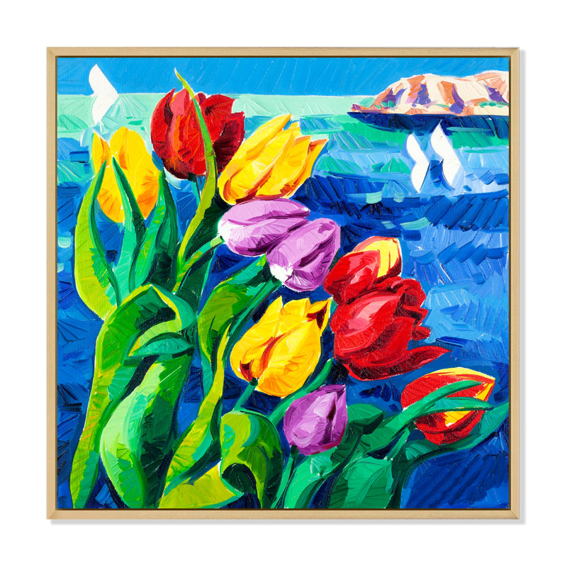 Tulipes sur l'océan - reproduction d'art murale traditionnelle en bois, H 16 po x l 16 po x P 1 po