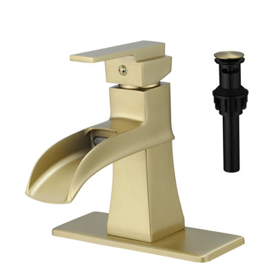 Robinet de salle de bain en or brossé avec cascade de plaque de plate-forme, drain escamotable, conduites d'alimentation, une poignée, robinet de cascade à soupape à cartouche, plaque, construction