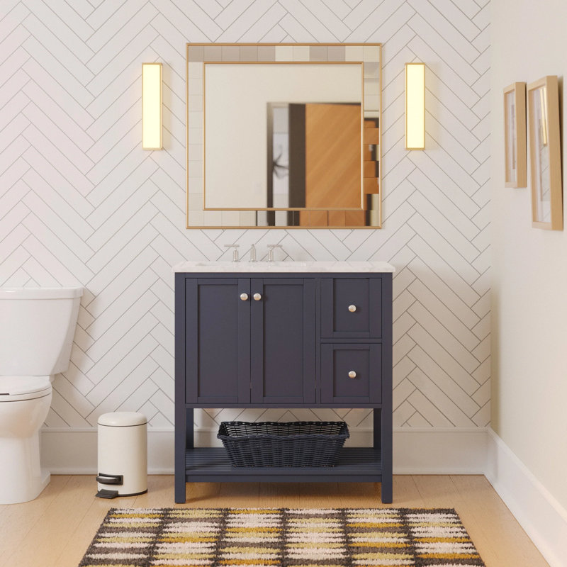 Ensemble de meuble-lavabo simple 36 po Binne, Gris marine, Carrara d'ingénierie