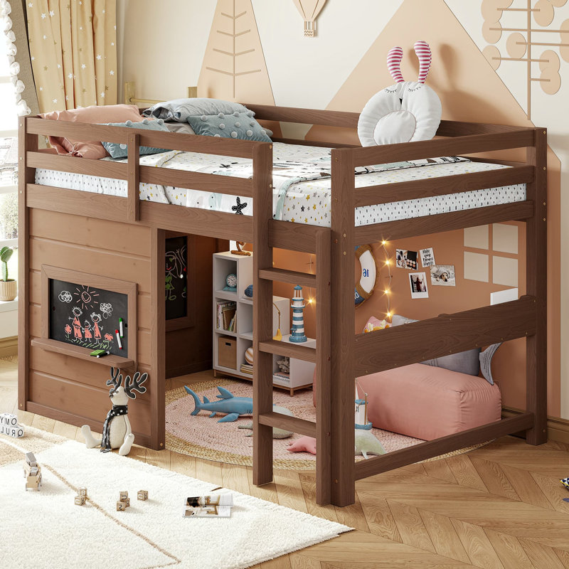 Twin Size Wood Loft Bed Frame With Playful Sliding Chalkboard, Built-in Bookshelf And Safety Rails For Kids Teens, space-saving, Quiet Design, No Spring Mattress Required, Natural