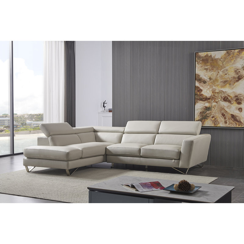 Gray Genuine Leather Sectional with Adjustable Headrest