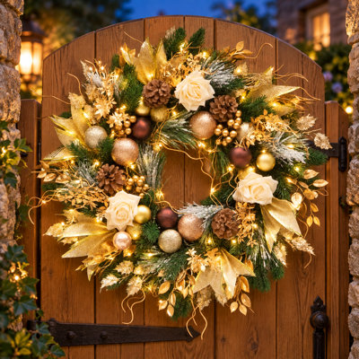 24" Pre-Lit Christmas Wreath for Front Door with Gold Leaf & Pinecone Pre-Lit Artificial Winter Wreath with Ball Ornaments