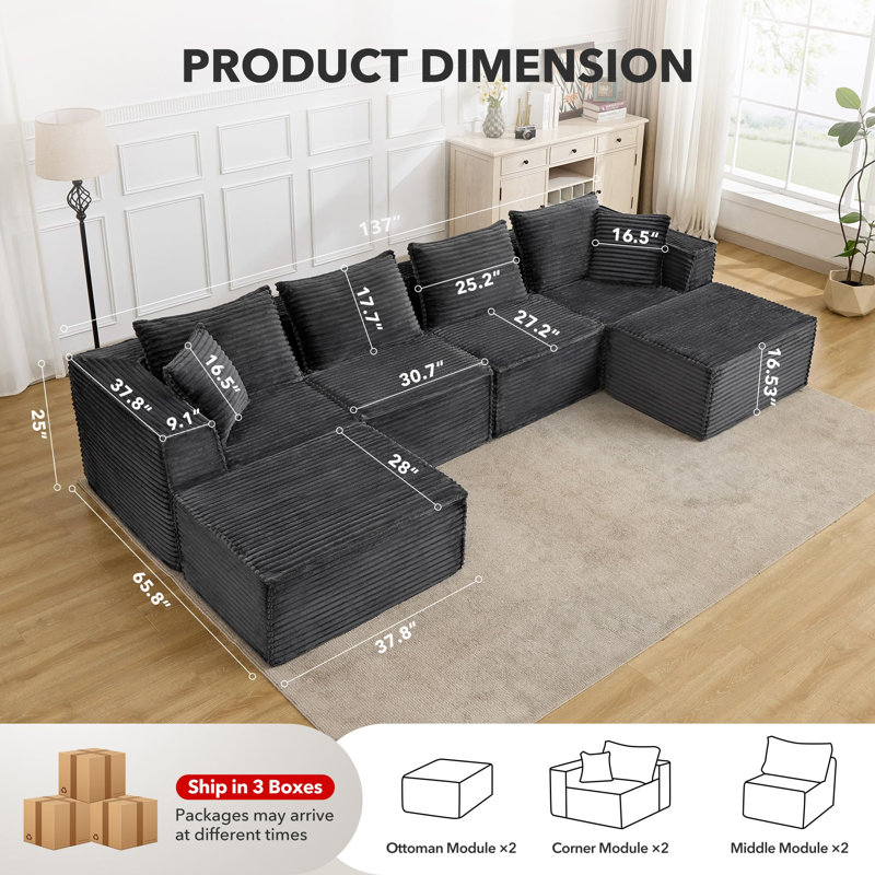 Canapé modulaire Cloud, H 31,5 po x l 137 po x P 65,8 po, Gris