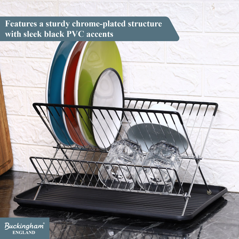Buckingham 2-Tier Folding Dish Drying Chrome Rack with Drip Tray 42 cm