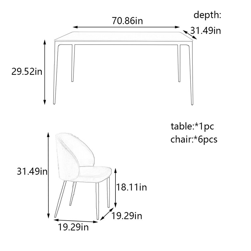 Ensemble de table de salle à manger et de chaises Pure White Rock Plate, H 29,52 po x L 70,86 po x l 31,49 po