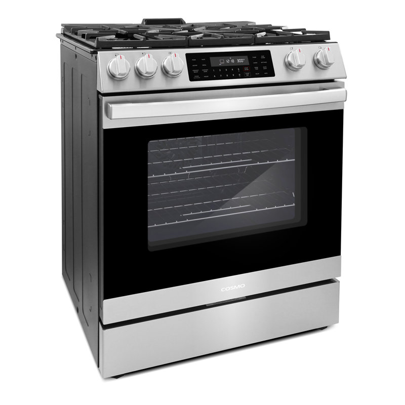 Cosmo 30 po Collection Lumin 6,1 pi³ Cuisinière à gaz avec 5 brûleurs, four à convection, autonettoyant, friture à air en acier inoxydable