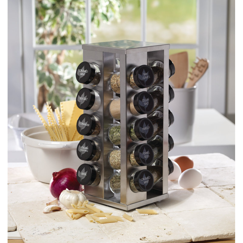 Kamenstein Brushed Stainless Steel 20-Jar Revolving Countertop Spice Rack, Pre Filled Spice