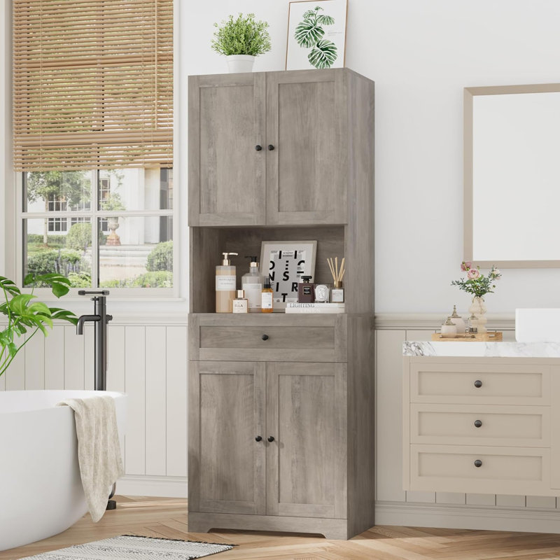 Armoire de rangement en lin 67 po avec 4 portes, larges tablettes et tiroirs pour la salle de bain, brun