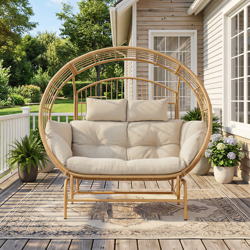 Chaise berçante d'extérieur en osier double avec support et coussins, Jaune, Beige