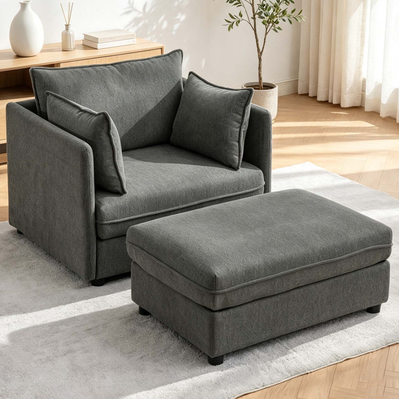 Upholstered Chenille Accent Chair With Footstool, Grey Chenille