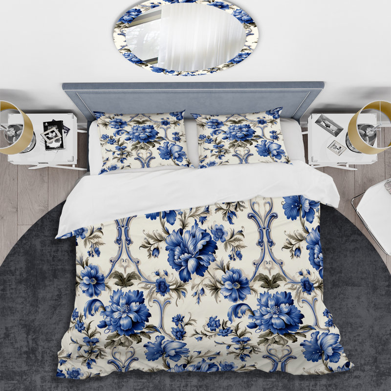 Ensemble de housse de couette motif ornemental bleu à motif victorien I, Housse de couette simple + 1 taie décorative stan