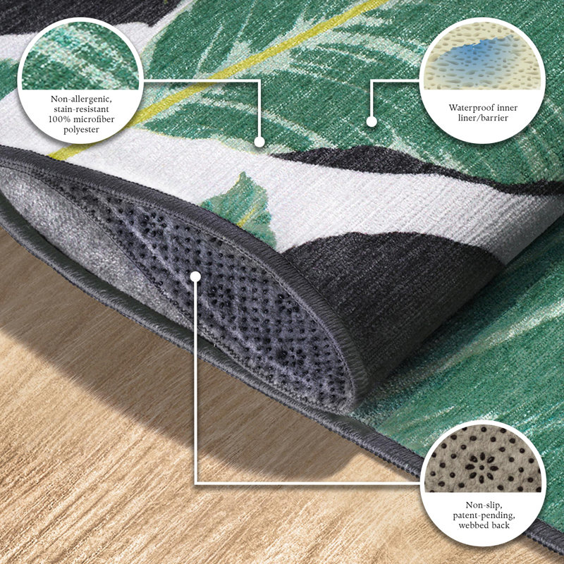Emerald Green Palm Leaf Washable Rectangular Rug - 3' x 5'