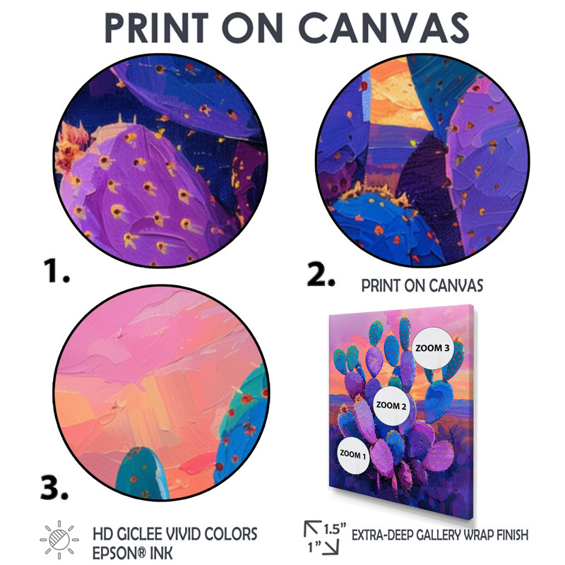 Cactus mauve et bleu, coucher de soleil Vibes I - décoration murale cactus floral, Toile argentée avec cadre flottant