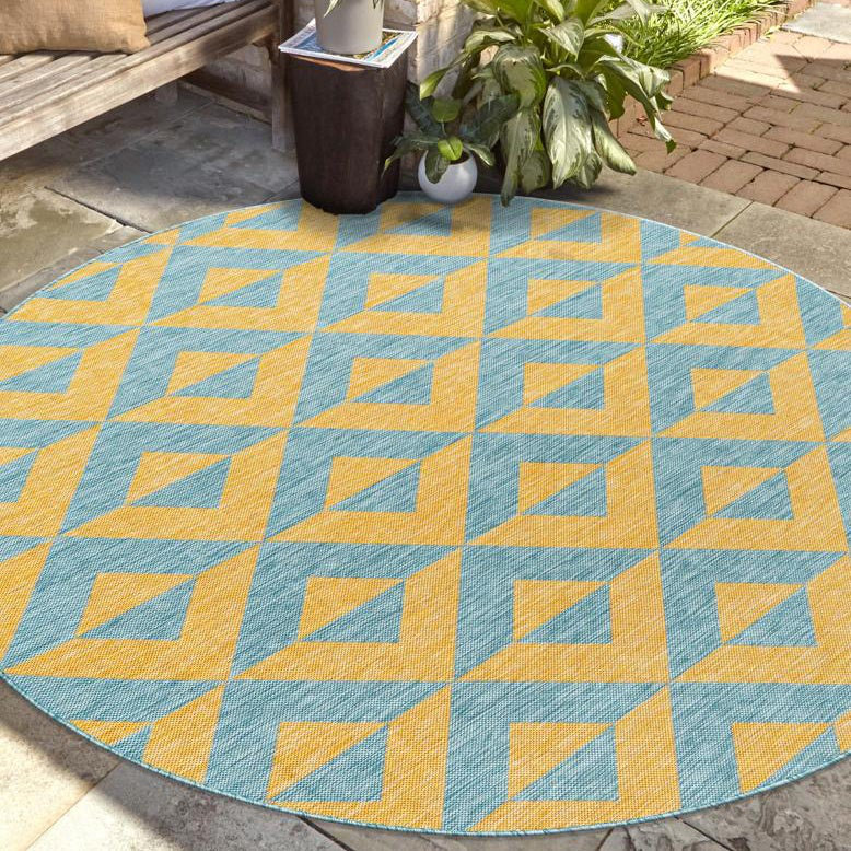 Tapis intérieur / extérieur en polypropylène géométrique tissé à la machine en jaune / gris, Rond 13 pi 1 po