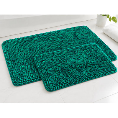 Tapis de bain en chenille épaisse et peluche vert turquoise avec rideau de douche à motifs floraux et crochets - Ensemble de 15 pièces