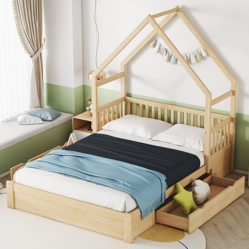 Lit plateforme en bois avec garde-corps et 2 tiroirs Wood House