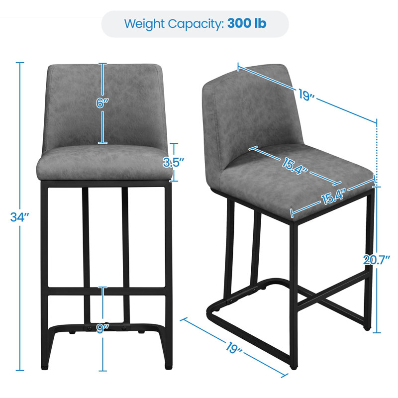 Gray Faux Leather Upholstered Counter Stools with Iron Frame, Set of 2