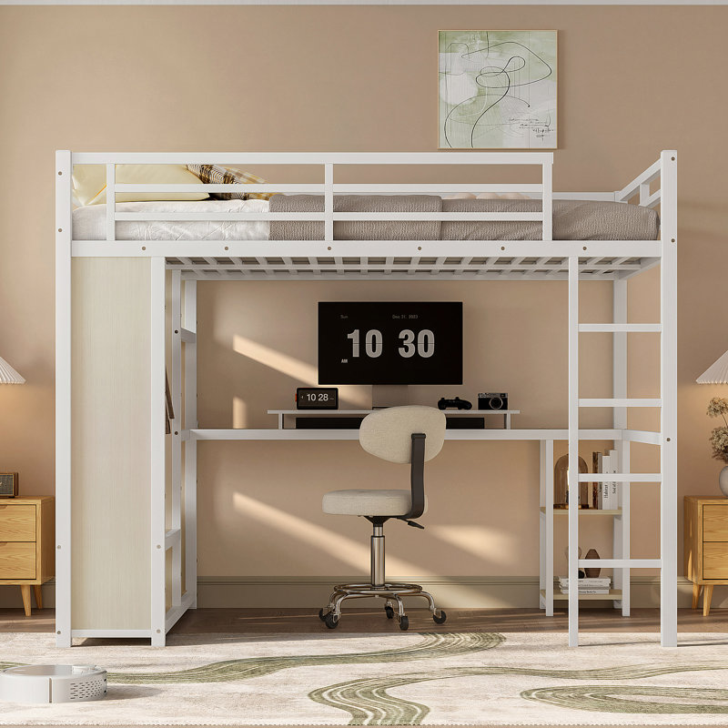 Structure de lit mezzanine en métal pour grand lit avec garde-robe intégrée, bureau et tablettes de rangement