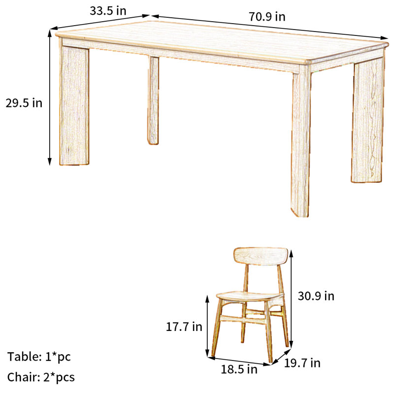 Cherry Wood Rectangular Dining Table Set, 29.5"H x 78.7"L x 33.5"W