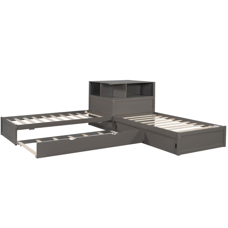 Twin L-Shaped Platform Bed with Storage, Desk, Trundle & LED Light for Kids, White, Gray